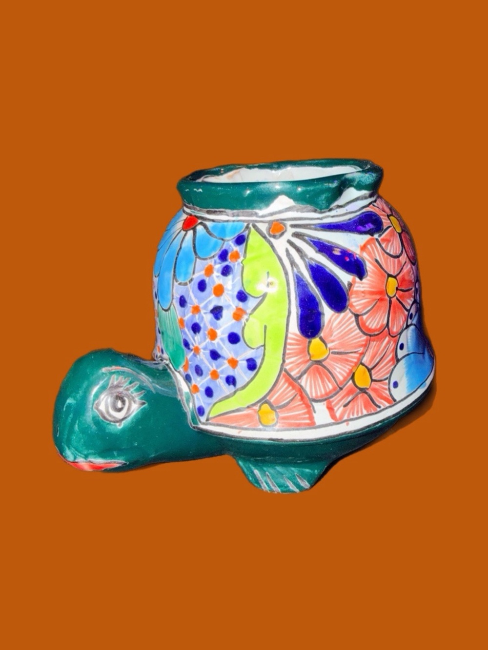 Mexican Talavera Colorful Turtle Ceramic Reptile Planter pot- Green